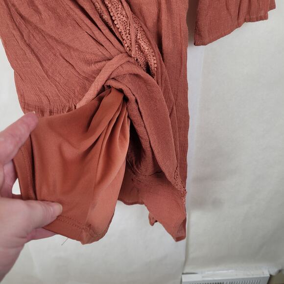 Indigo Rose brown embroidered lace bell sleeve gauzy dress Size Sm Peasant Boho - Picture 7 of 8